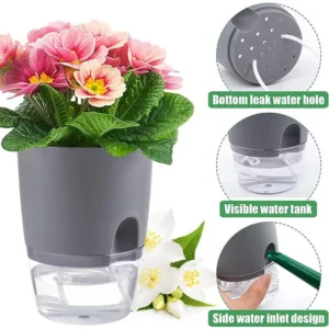 Indoor self watering planter with visible water level reservoir design