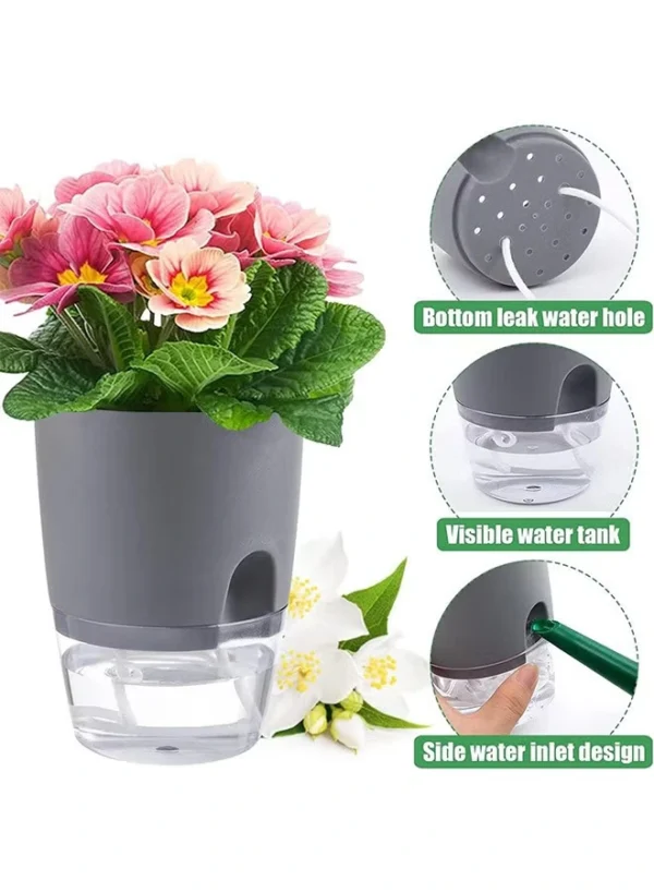 Indoor self watering planter with visible water level reservoir design