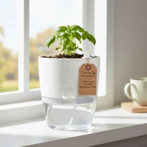 Set of 4 white self watering planter pots for indoor plants with drainage system