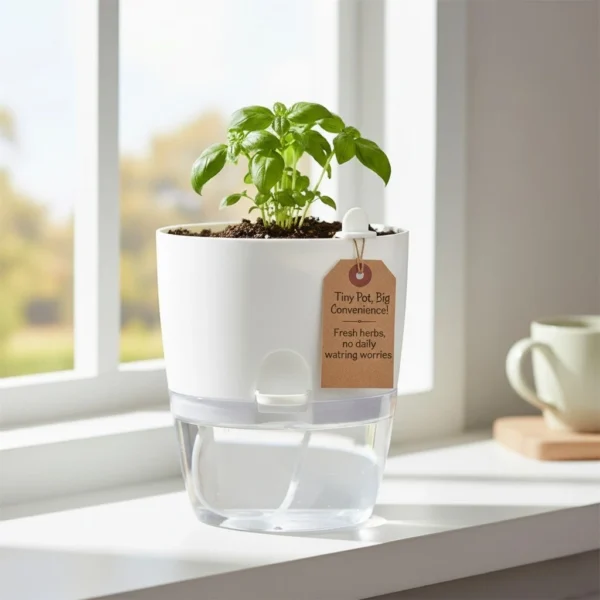 Set of 4 white self watering planter pots for indoor plants with drainage system
