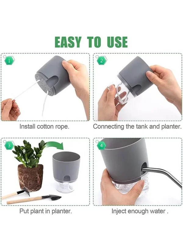 Indoor self watering planter with visible water level reservoir design